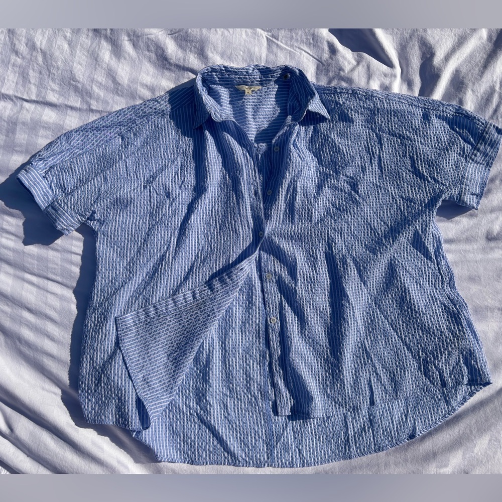Max Studio London Blue & White Striped Seersucker Shirt Size XL
